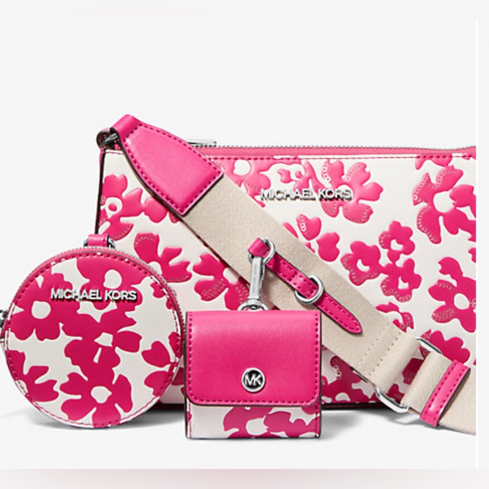 MICHAEL KORS Jet Set Small Sequined Floral Crossbody Bag in Dragonfruit NWT
